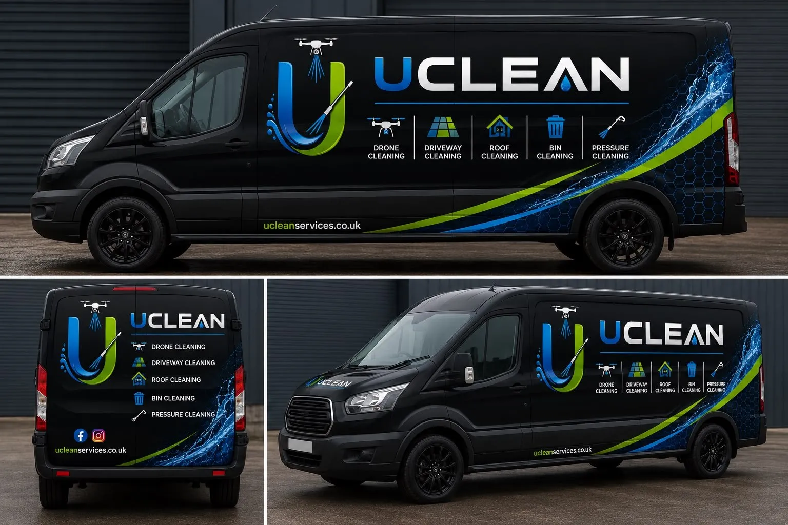 UClean Services branded van showing drone, driveway, roof, bin and pressure cleaning services
